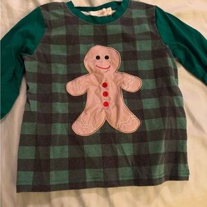 Green Plaid Long Sleeve Kids Tee with Gingerbread Design